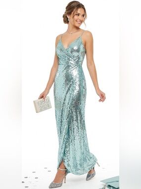 Aidan Mattox GLAMOROUS Aqua blue all over Sequins lined Wrap Maxi Dress Size 8